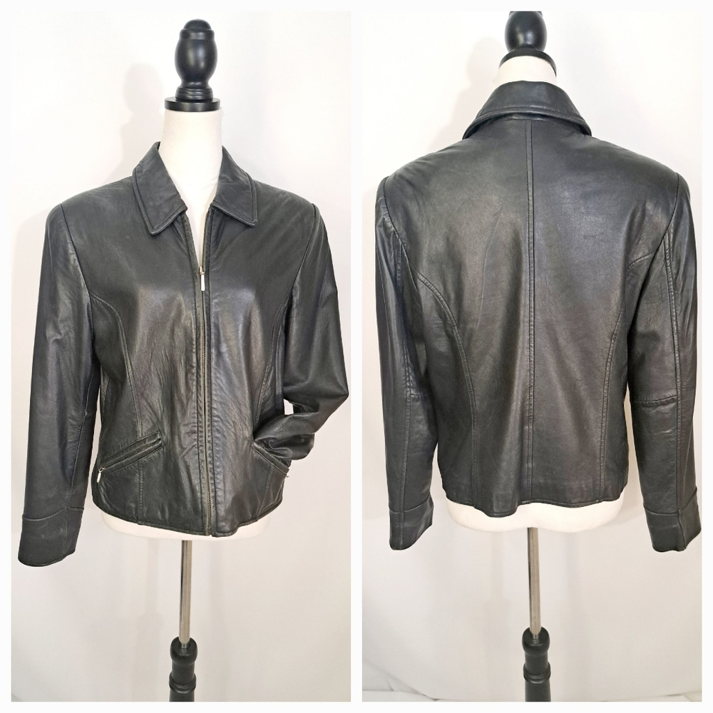 Lord and Taylor Womens Leather Jacket Black Moto Vintage Full Zip Pockets  10